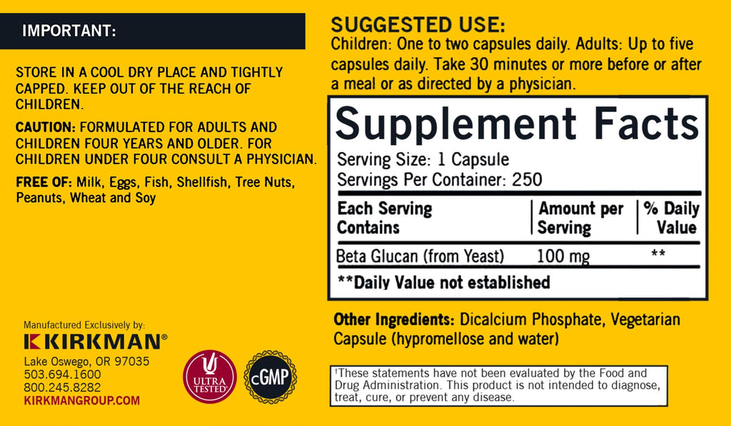 Kirkman Hypoallergenic Beta Glucan Immune Support - 250 Capsules - image 2