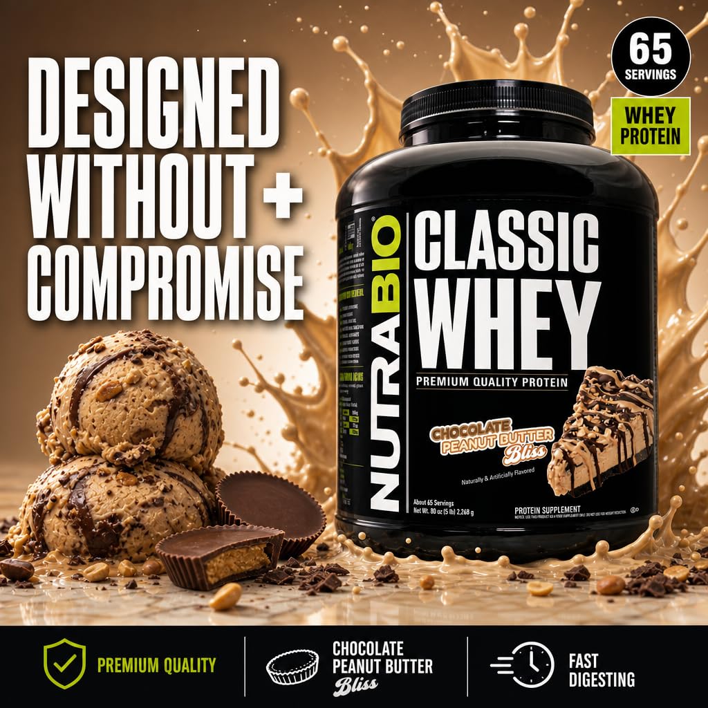 NutraBio Classic Whey Protein Powder Supplement - 25g of Protein Per