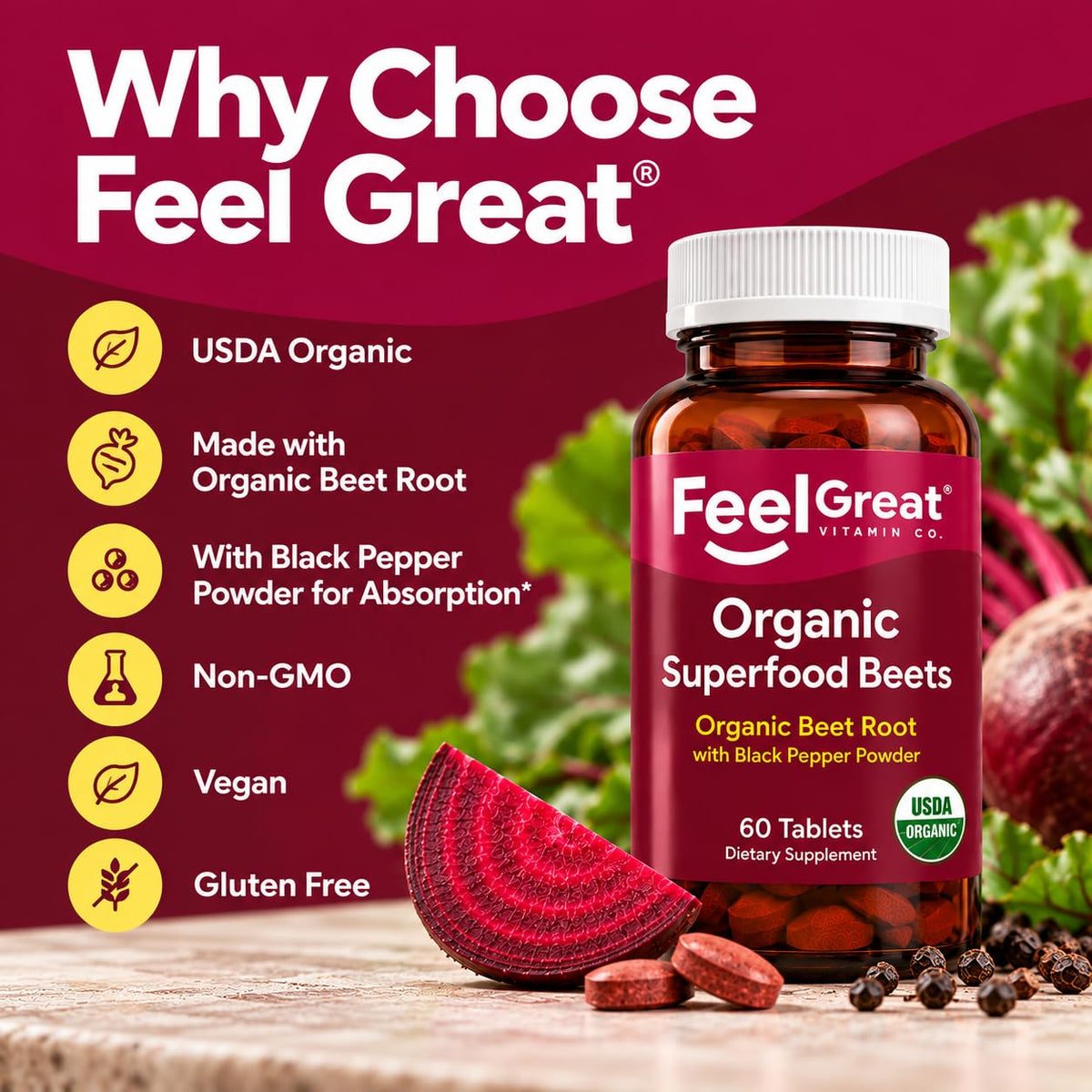 The Feel Great Vitamin Company Organic Beet Root Powder Tablets - 60 Count - image 3