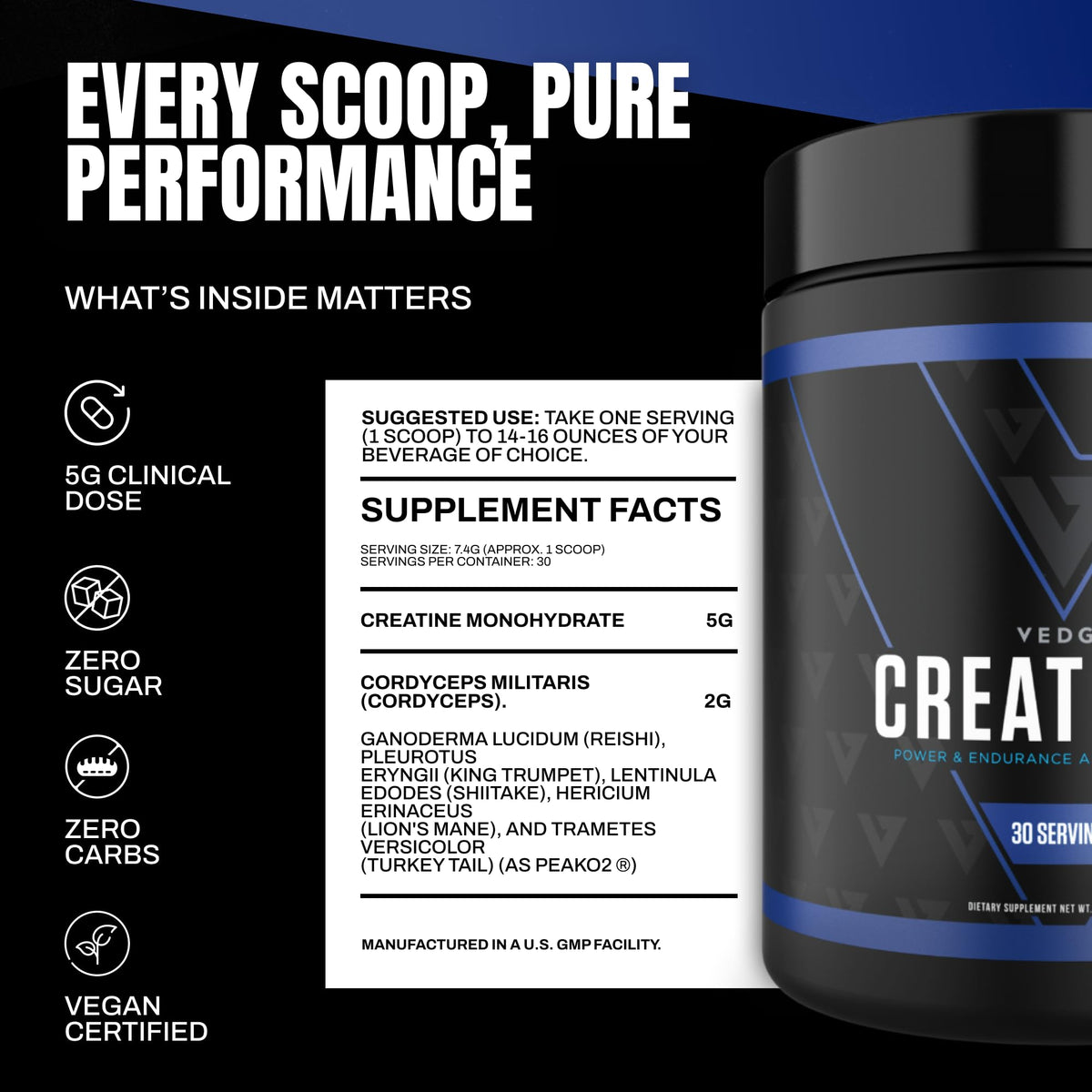 VEDGE Creatine Monohydrate with PeakO2 Mushroom Blend - 30 Servings - image 5