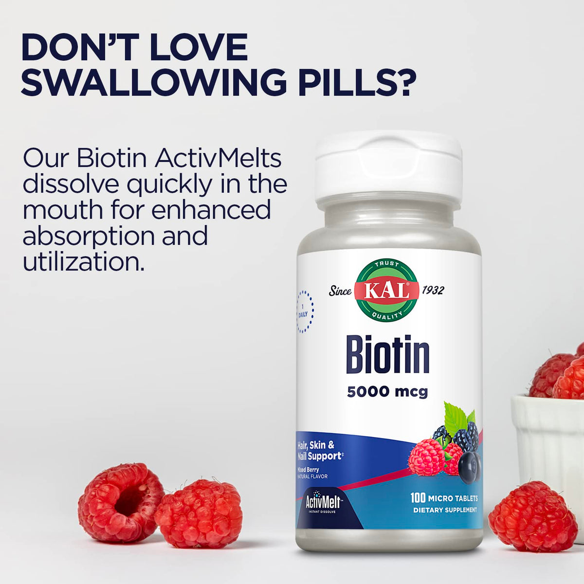 KAL Biotin 5000mcg ActivMelt Healthy Hair Skin & Nails - 100 Tablets - image 5