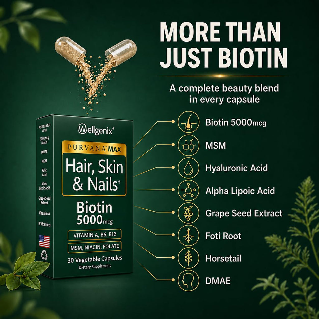 Wellgenix Purvana MAX Hair Skin & Nails Biotin 5000mcg - 60 Capsules - image 4