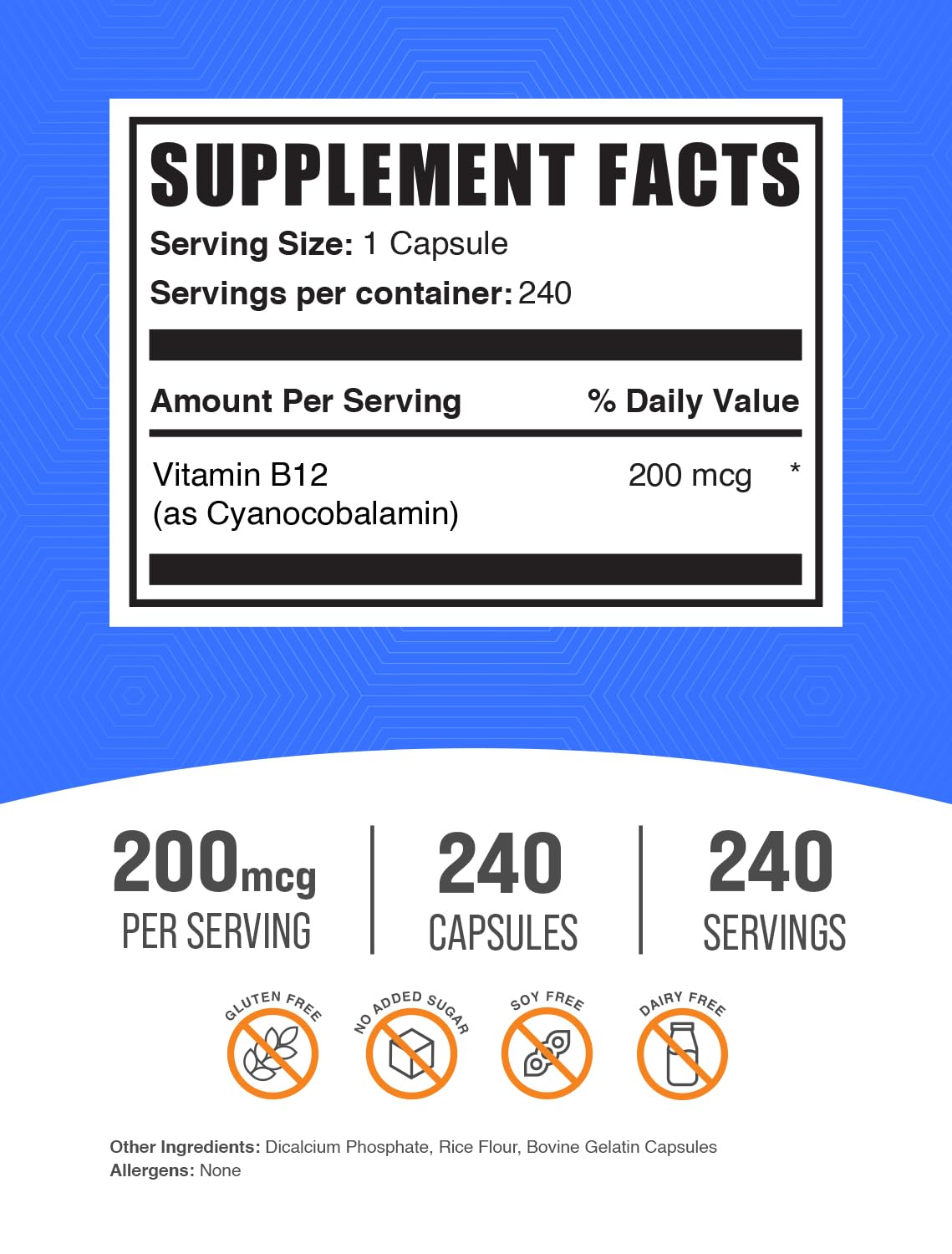 BulkSupplements Vitamin B12 Cyanocobalamin 200 mcg - 240 Capsules - image 2
