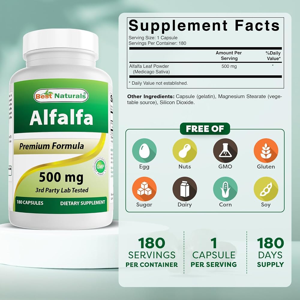 Best Naturals Alfalfa Green Super Food 500 mg - 180 Capsules - image 2