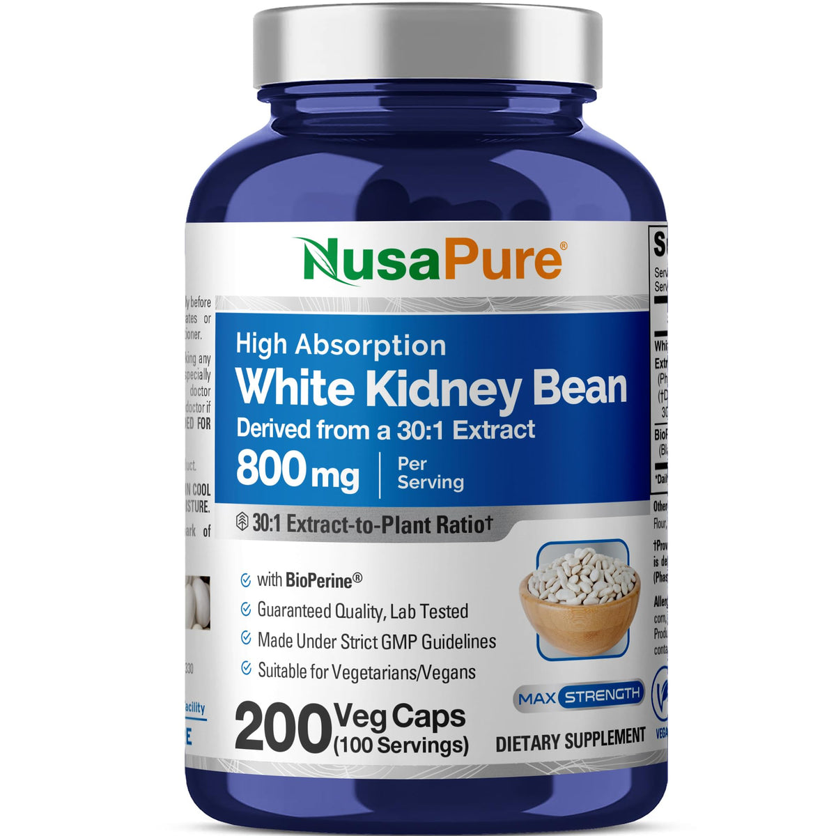 NusaPure White Kidney Bean Extract 800mg - 200 Vegetarian Capsules