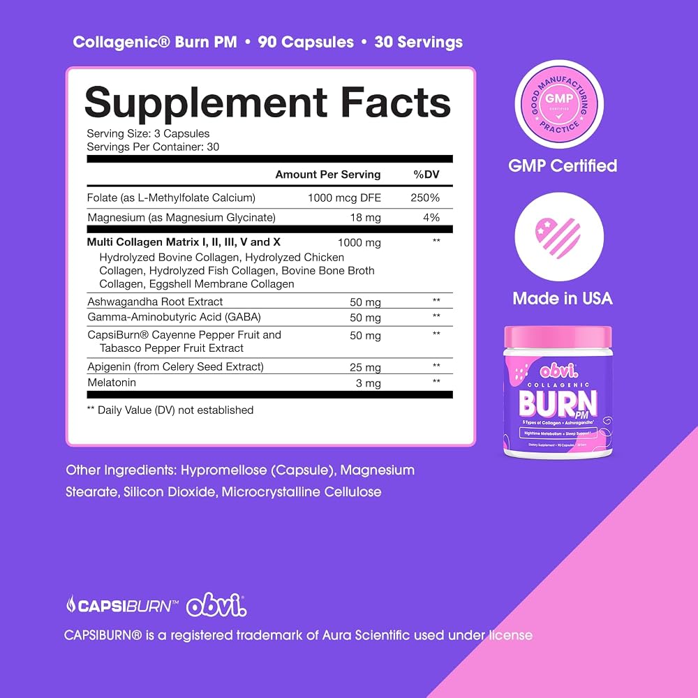 Obvi Collagenic Burn PM Collagen Peptides for Sleep - 90 Capsules - image 5