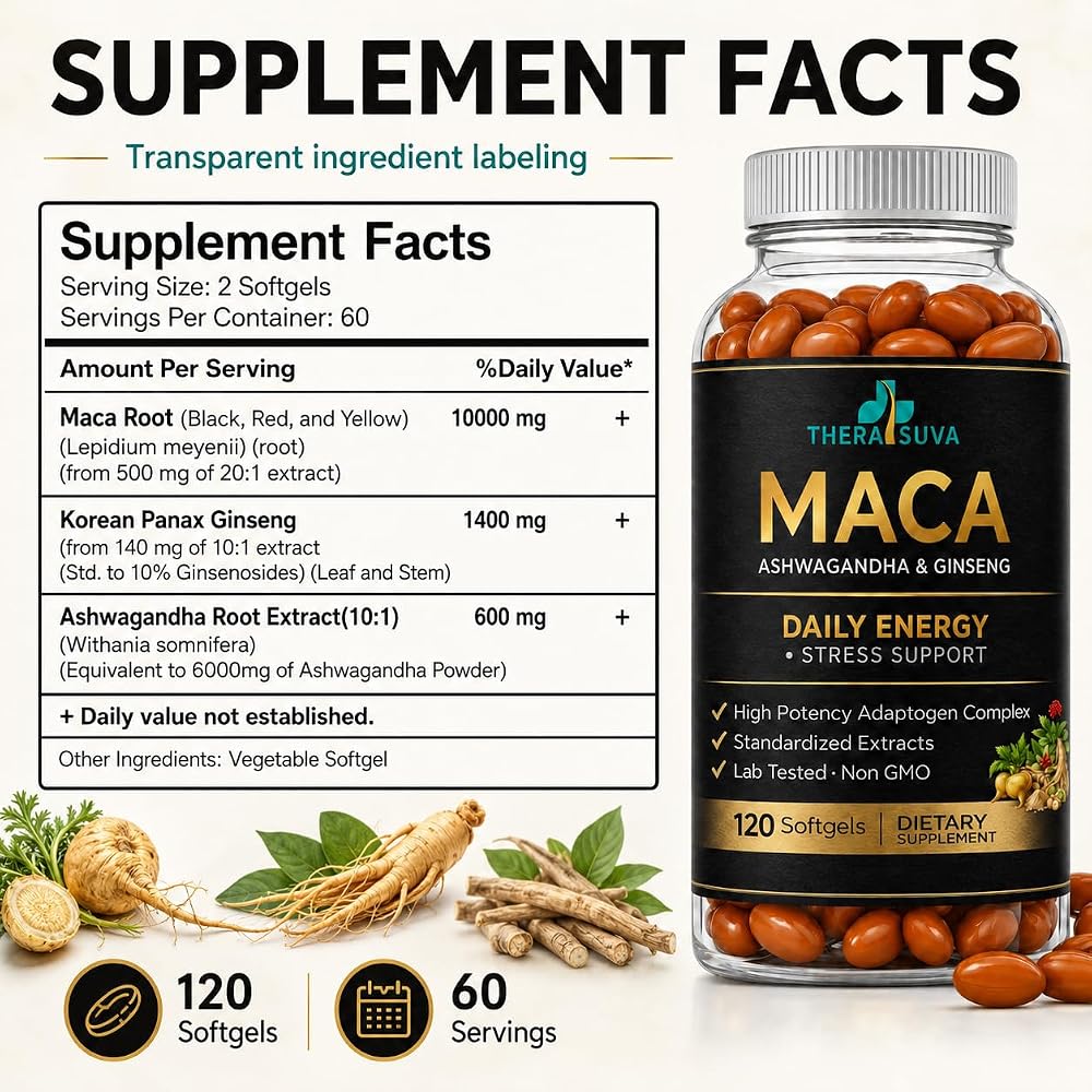 TheraSuva Ashwagandha Maca Root Panax Ginseng Supplement - 120 Softgels - image 4
