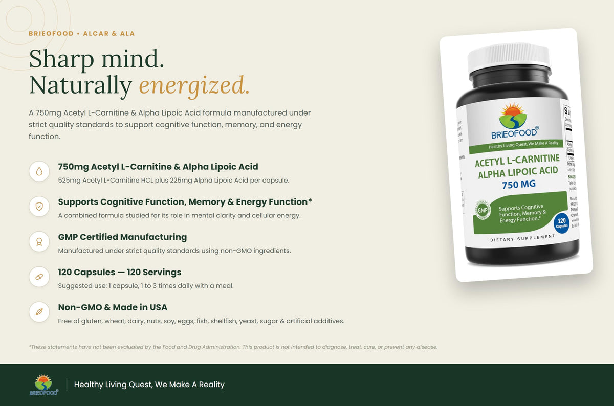 Brieofood Acetyl L-Carnitine Alpha Lipoic Acid 750 mg - 120 Capsules - image 2