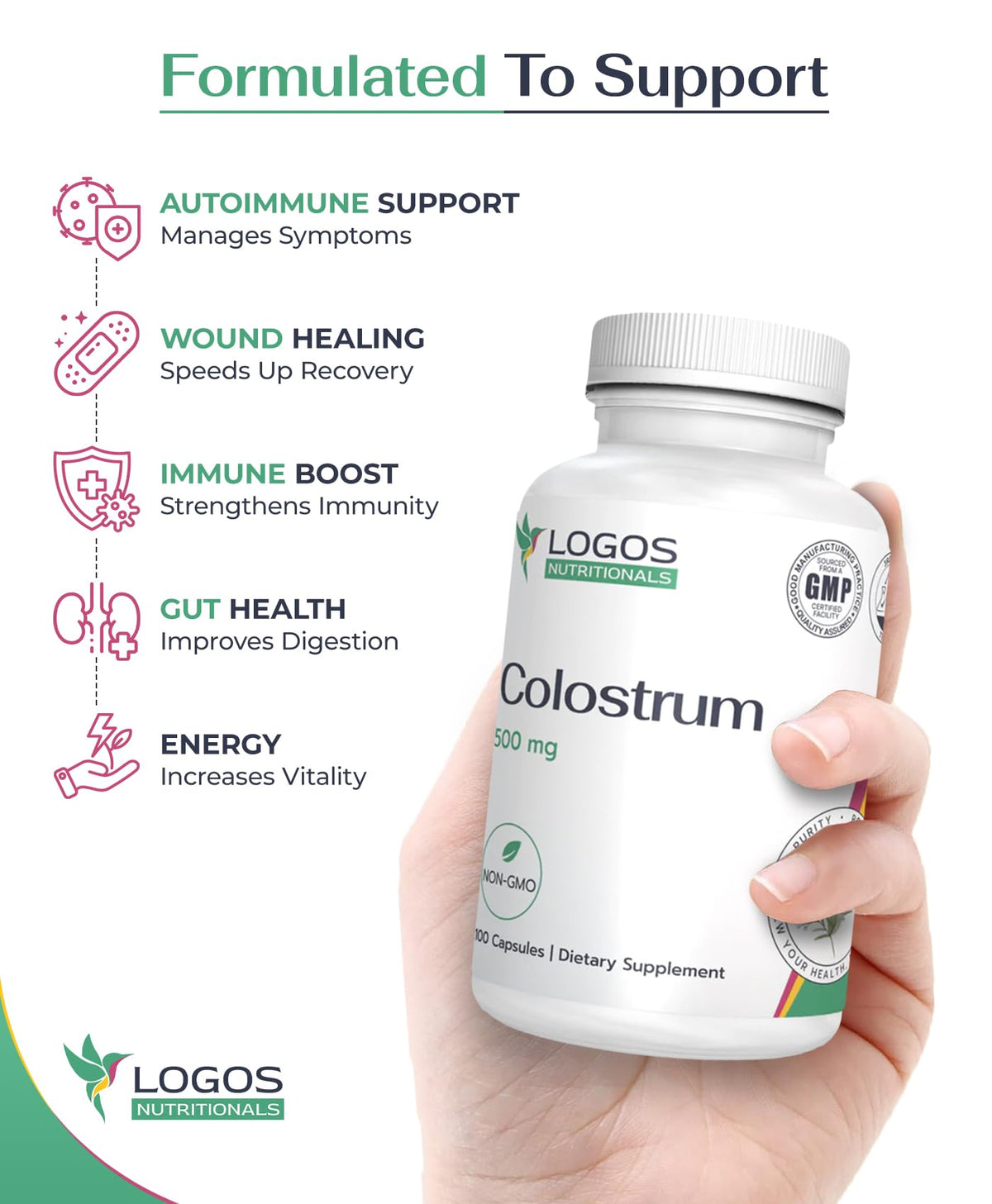 logos nutritionals Bovine Colostrum 500mg - 100 Capsules - image 4