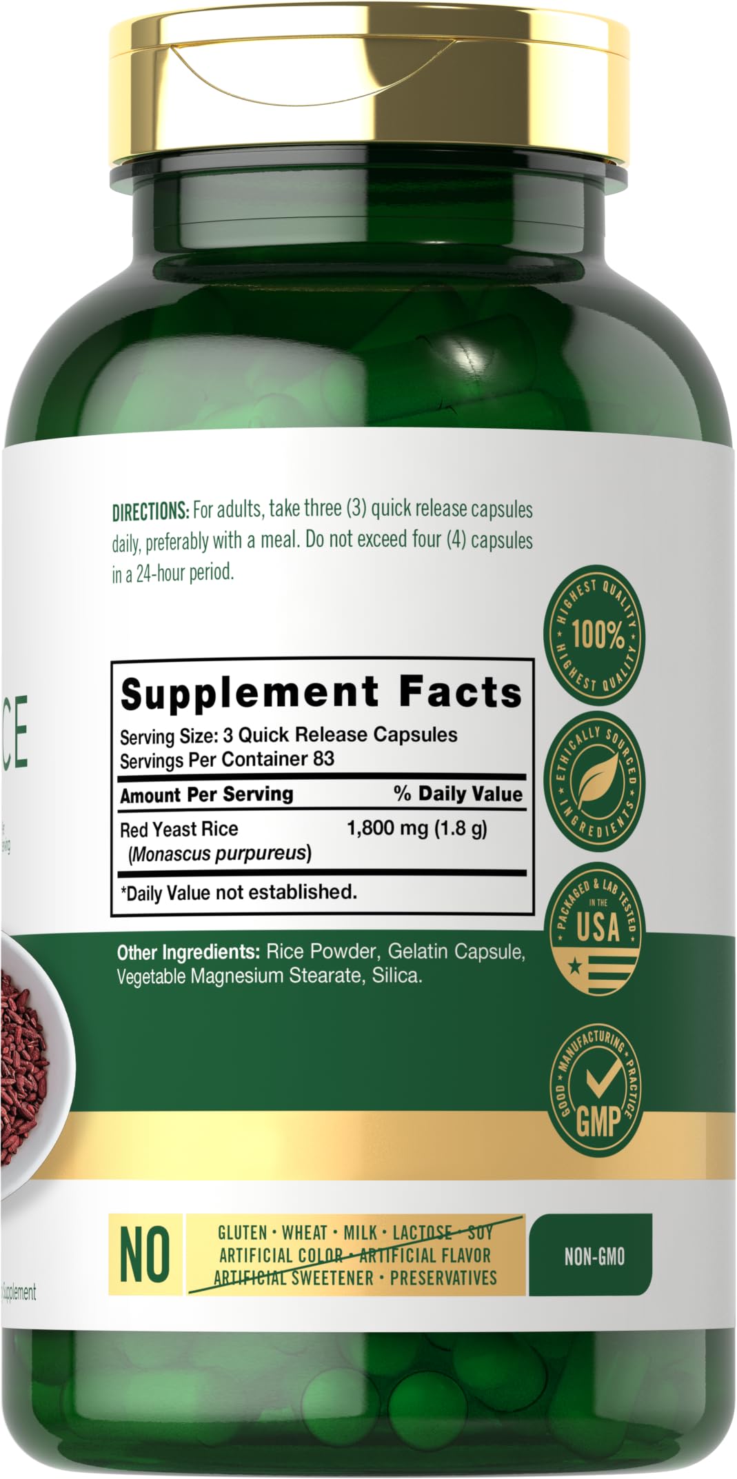 Carlyle Red Yeast Rice Supplement 1800 mg - 250 Capsules - image 2
