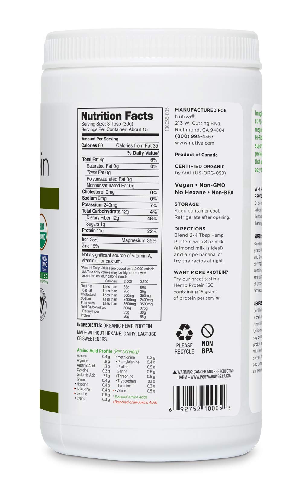 Nutiva Organic Cold-Processed Hemp Protein Powder - 16 oz - image 6