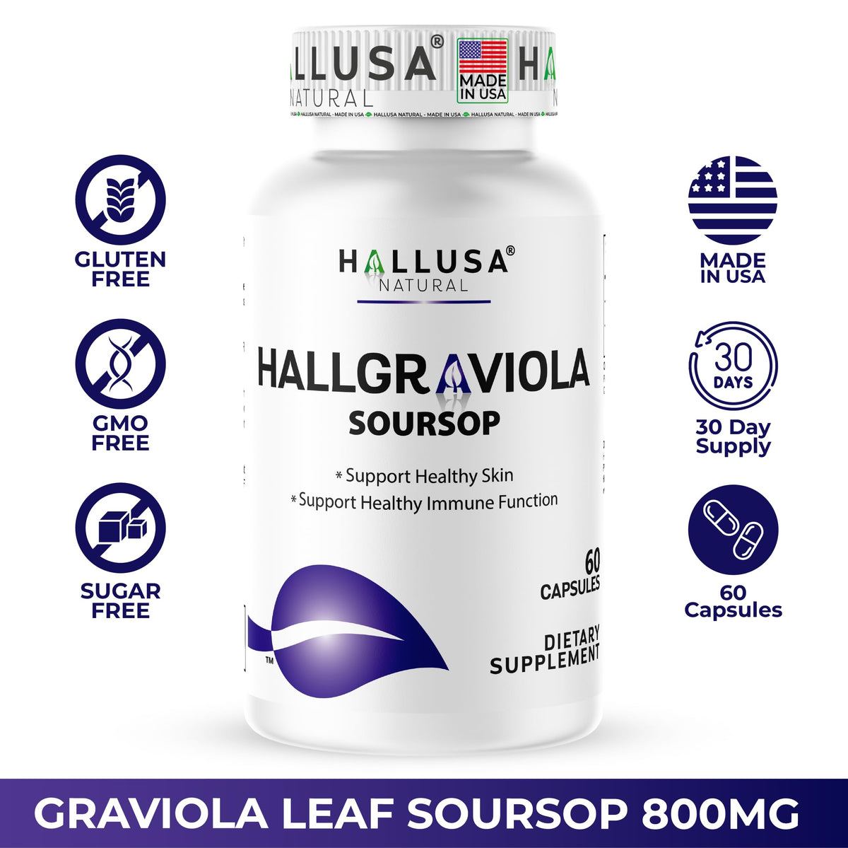 Hallusa Natural Graviola Leaf Immune & Skin Support - 60 Capsules - image 2