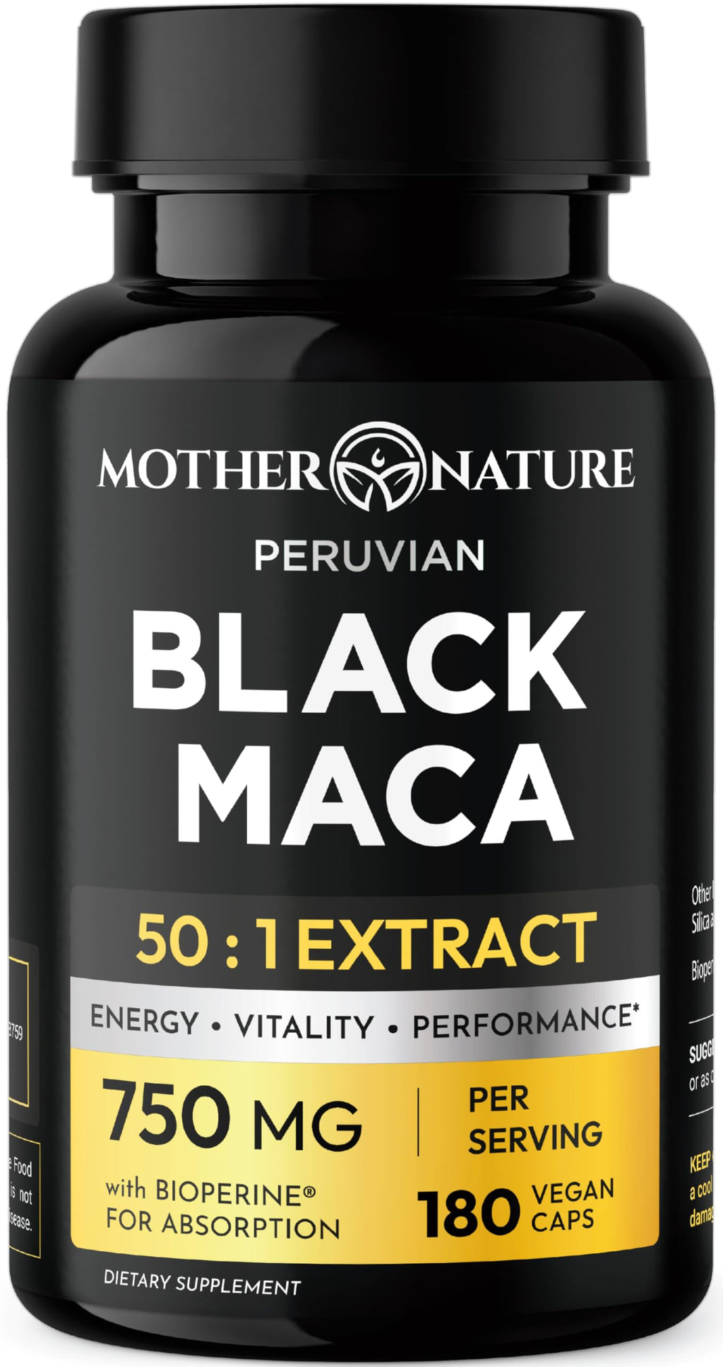 Mother Nature Organics Raw Black Maca 750mg with BioPerine - 180 Capsules
