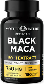 Mother Nature Organics Raw Black Maca 750mg with BioPerine - 180 Capsules
