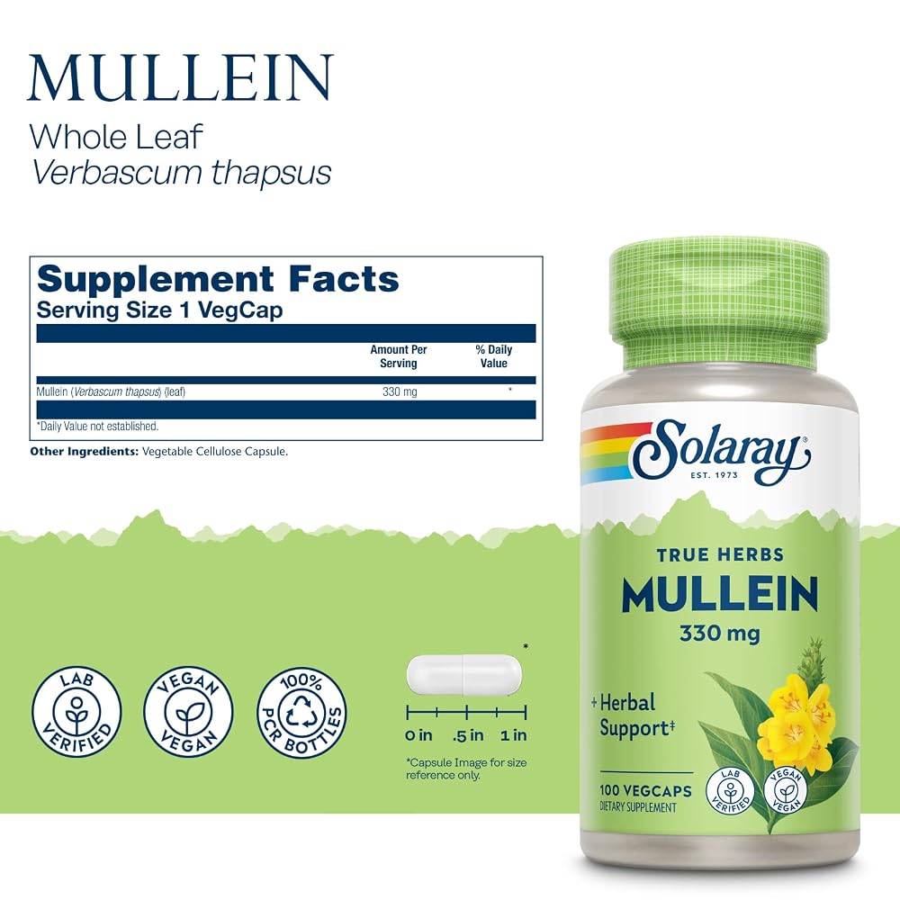 SOLARAY Mullein Leaf Herbal Support 330mg - 200 Vegetarian Capsules - image 2
