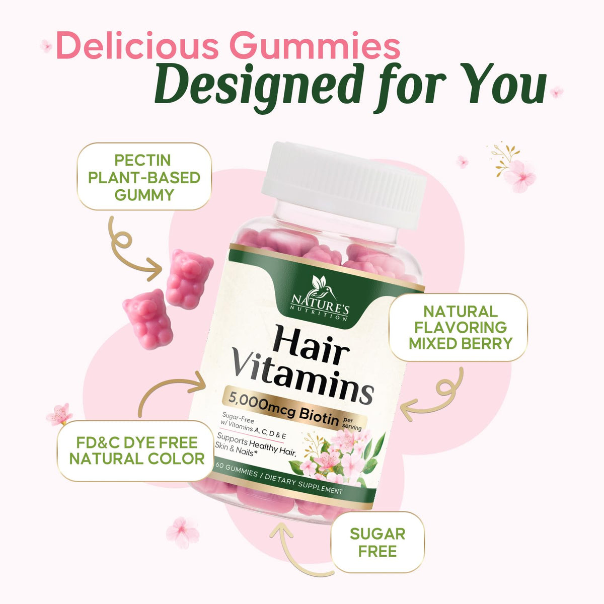 Nature's Nutrition Hair Vitamins Gummies with Biotin 5000 mcg - 60 Gummies - image 7