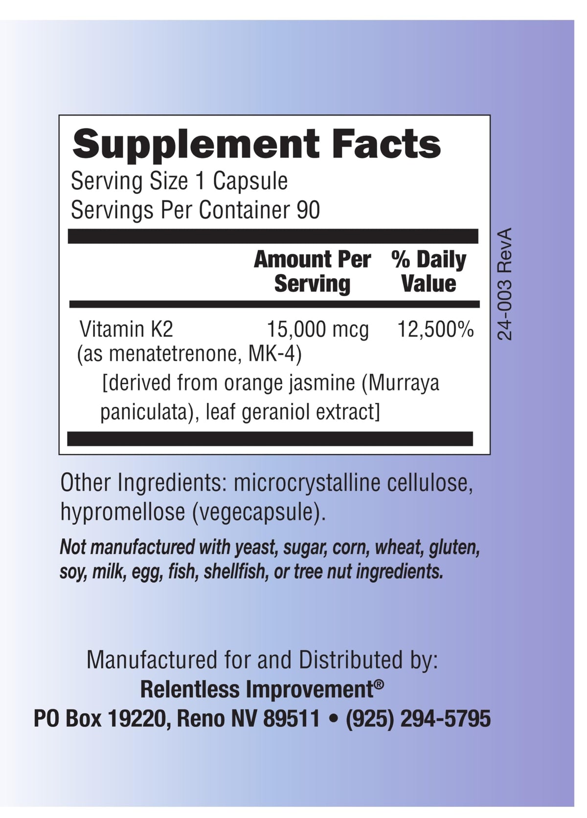Relentless Improvement Vitamin K2 MK4 15,000mcg - 90 Capsules - image 3