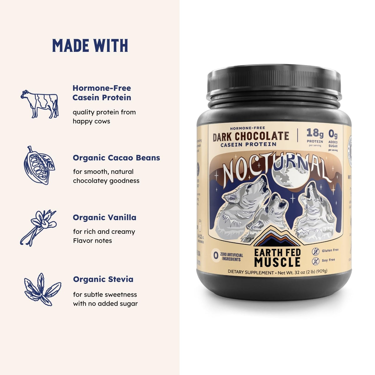 Earth Fed Muscle Nocturnal Casein Protein Dark Chocolate - 23 Servings - image 3