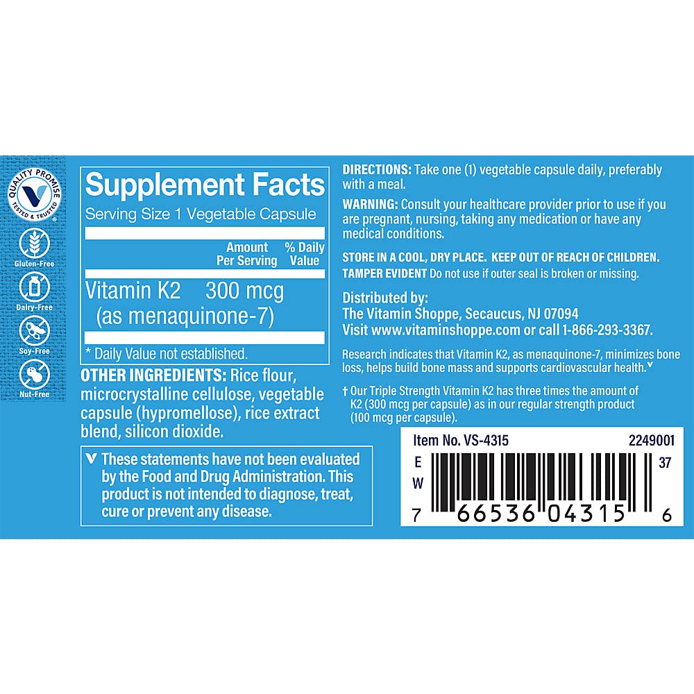 The Vitamin Shoppe Vitamin K2 MK-7 300mcg Triple Strength - Bone