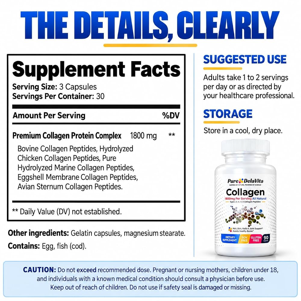 Pure DelaVita Multi Collagen 1800mg, 5 Types - 90 Capsules - image 6