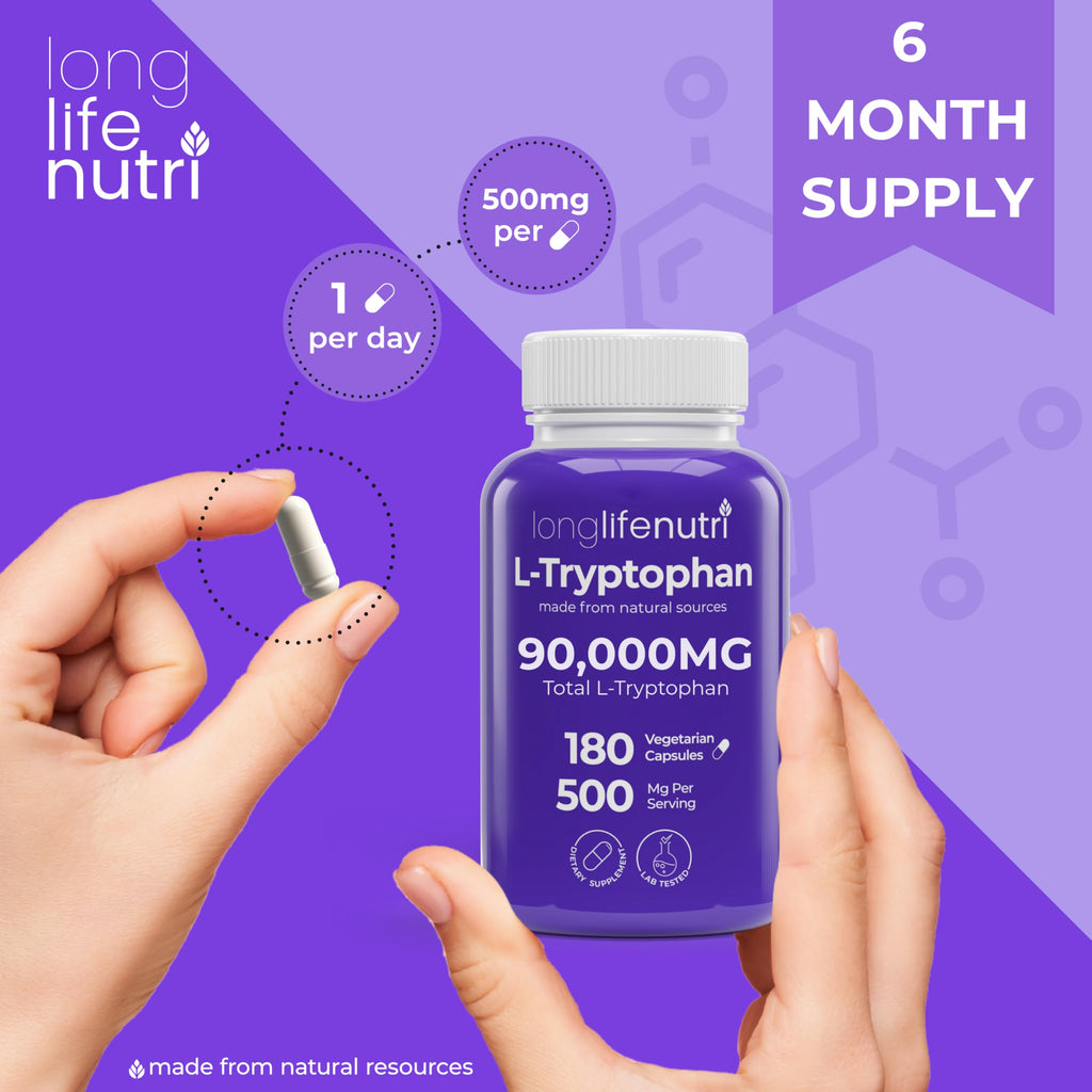 LongLifeNutri L-Tryptophan 500mg Sleep Support - 180 Vegetarian Capsules - image 5