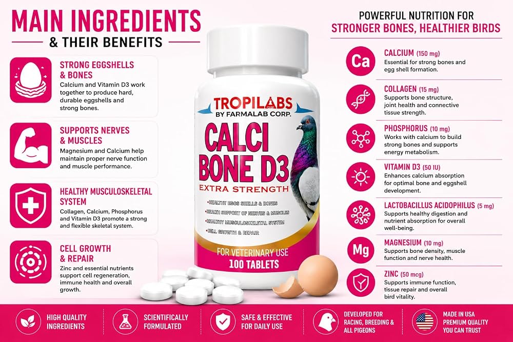 Farmalab Calcium Bone D3 Extra Strength Supplement for Pigeons - 100 Tablets - image 2