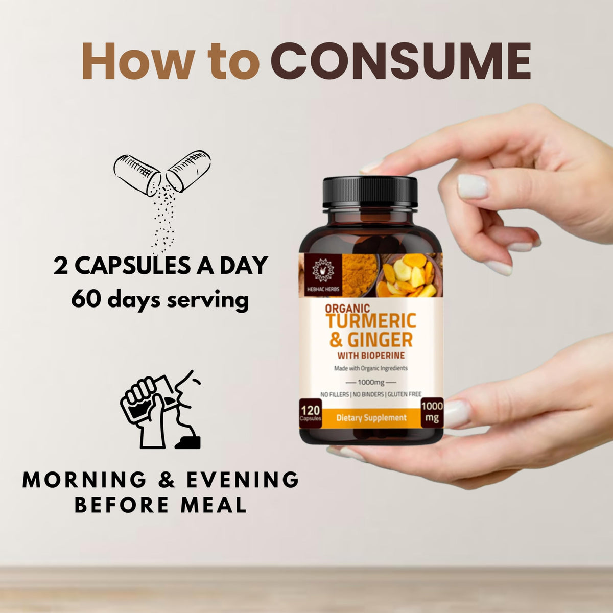 Hebhac Herbs Turmeric Ginger with Black Pepper 1000 mg - 120 Capsules - image 3