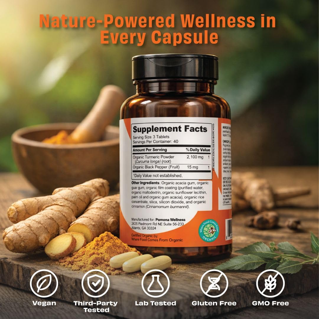 Pomona Wellness Organic Turmeric Curcumin with Black Pepper - 120 Tablets - image 3