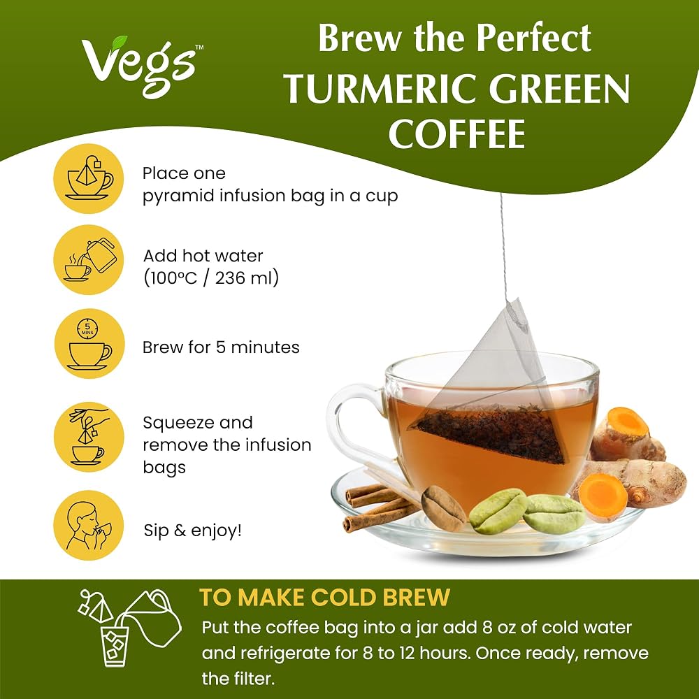 Vegs Turmeric Green Coffee Energy & Focus - 60 Pyramid Bags - image 9