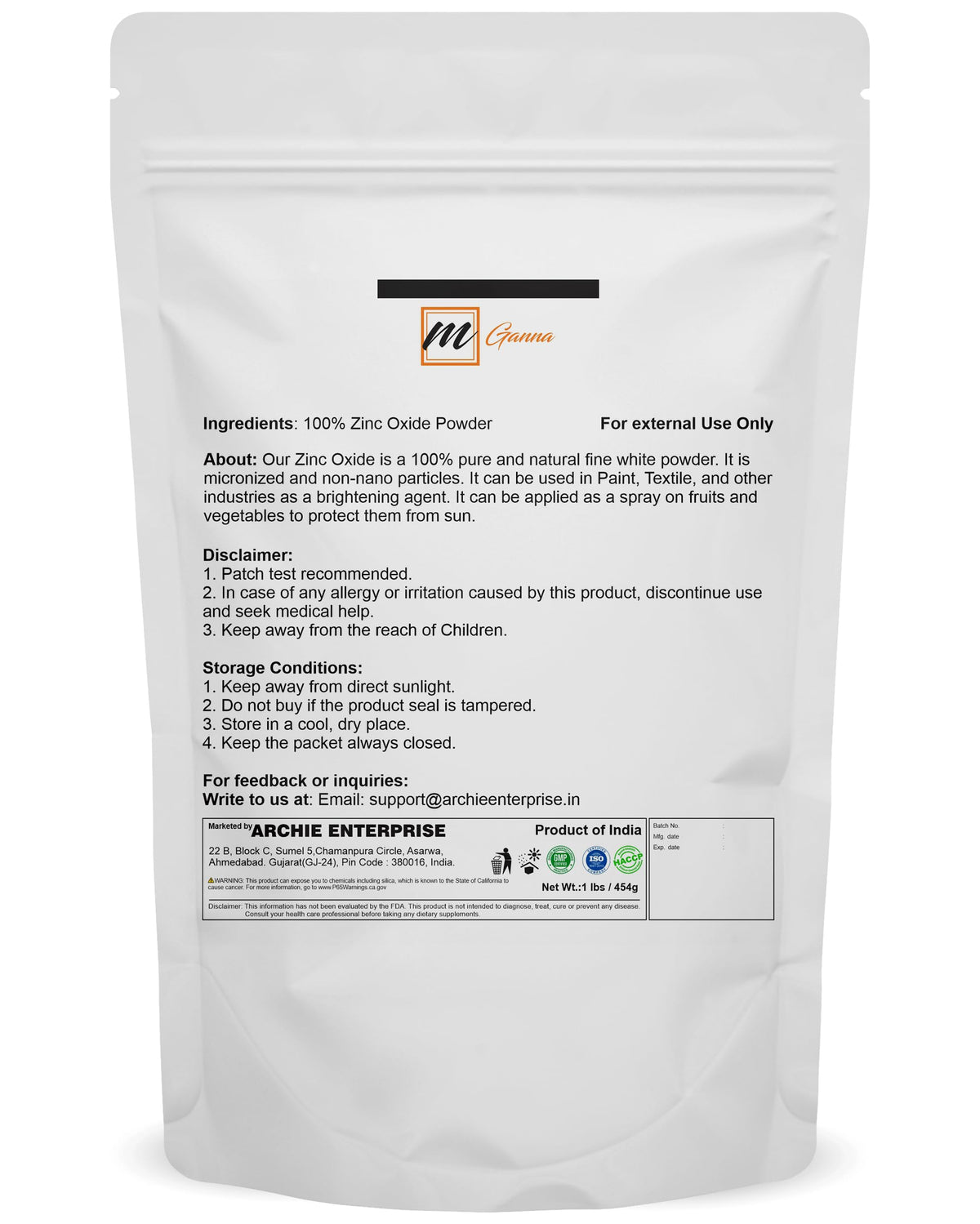 mGanna 100% Natural Zinc Oxide Powder - 454g - image 2