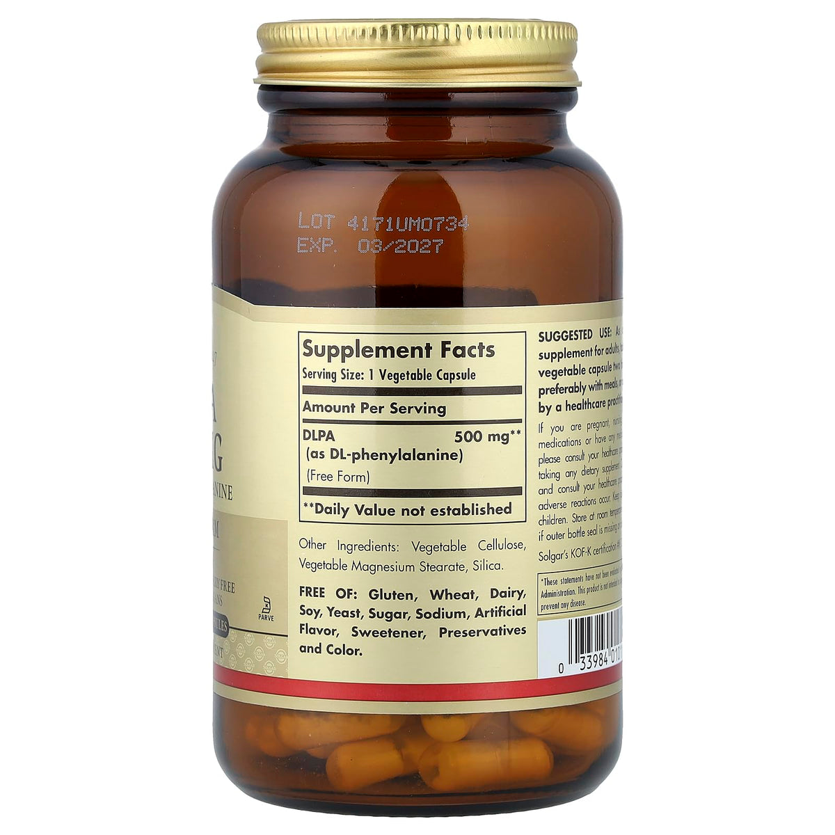 Solgar DLPA 500 mg Free Form Amino Acid - 100 Vegetarian Capsules - image 2