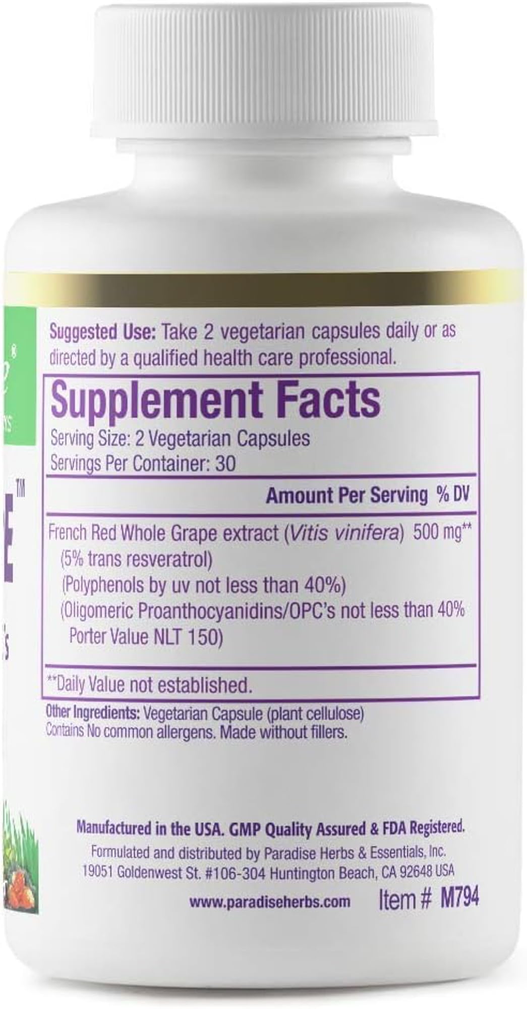 Paradise Herbs Resveragrape Resveratrol Polyphenols - 60 Capsules - image 2