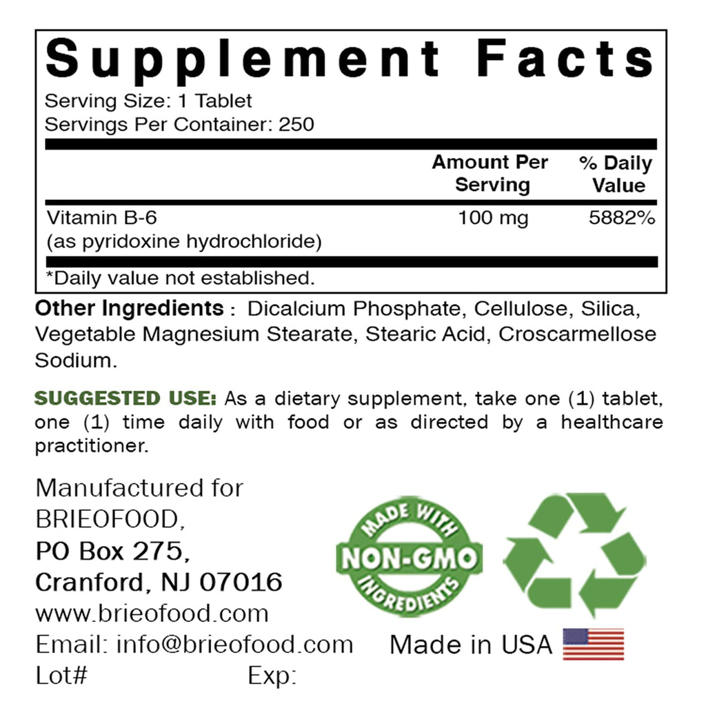 Brieofood Vitamin B6 100 mg - 250 Tablets - image 4
