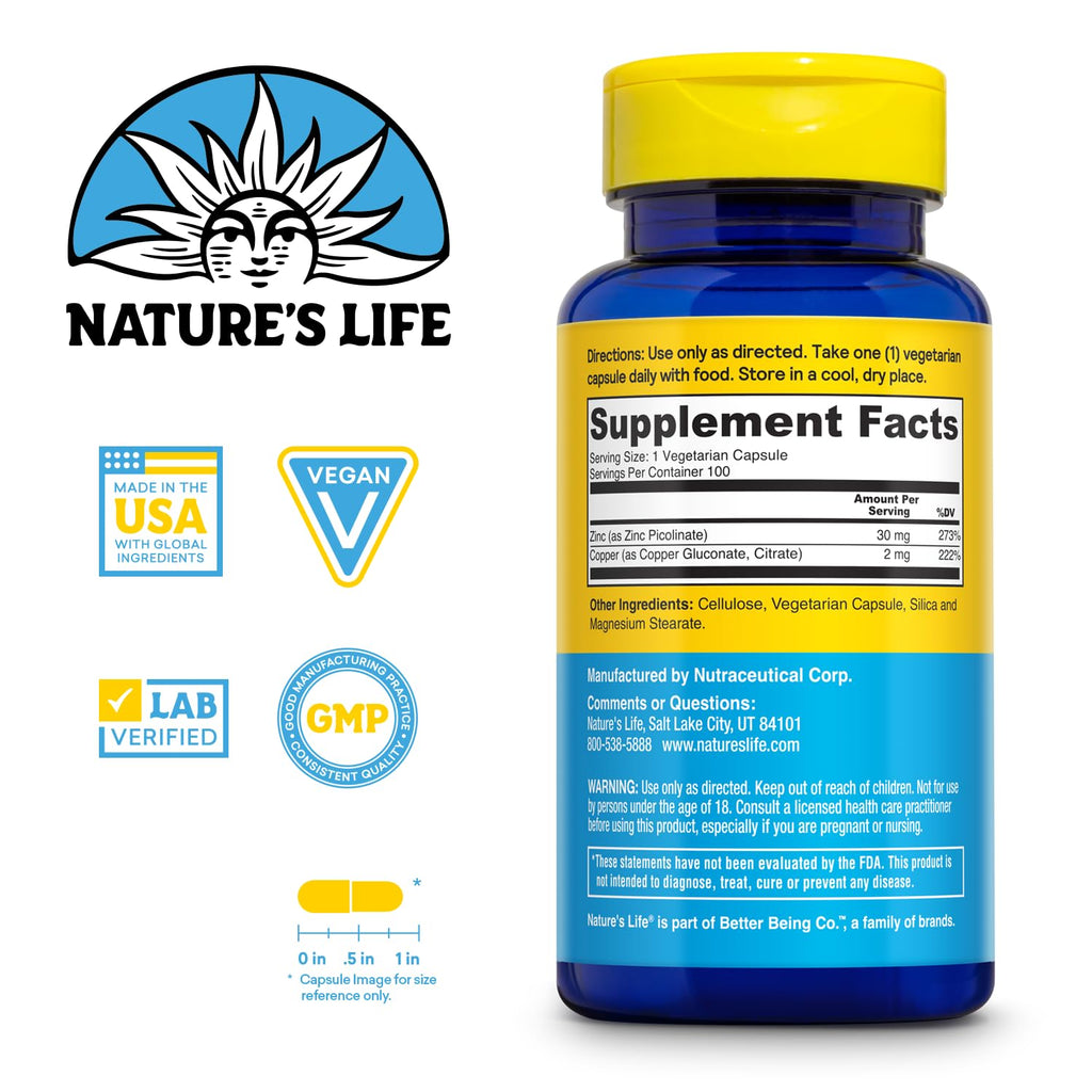 Nature's Life Zinc Picolinate 30mg with Copper - 100 Capsules - image 2