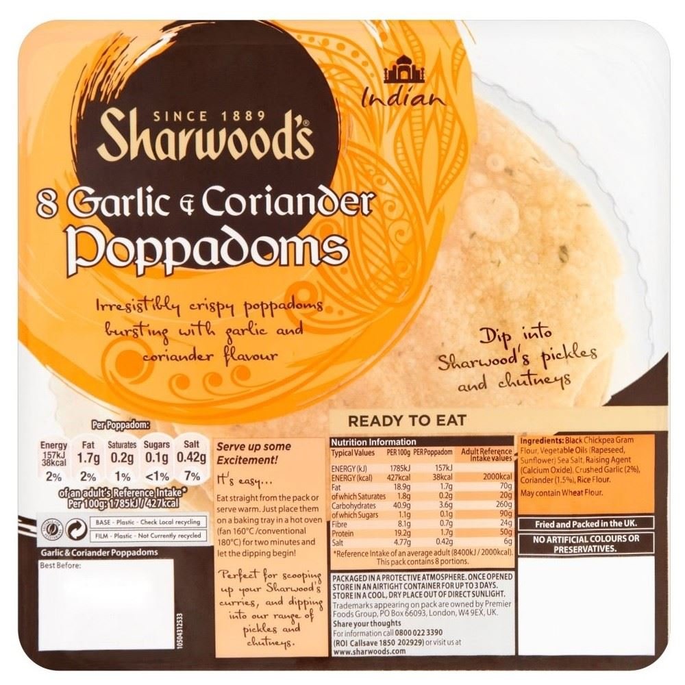 Sharwood's Garlic & Coriander Poppodums - 8 Count