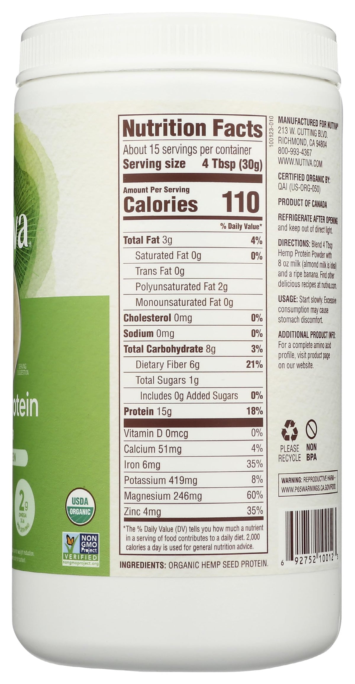 Nutiva Organic Cold-Pressed Hemp Seed Protein Powder