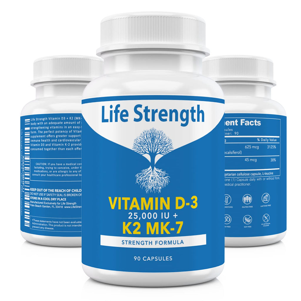 LifeStrength Vitamin K2 MK7 + D3 25,000 IU Supplement - 60 Capsules