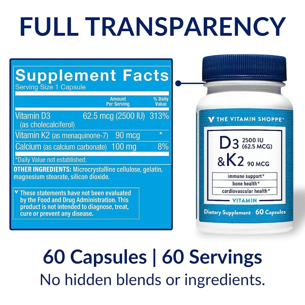The Vitamin Shoppe Vitamin D3 2500 IU & K2 90 MCG - 60 Capsules - image 8
