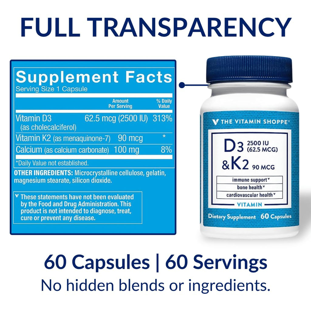 The Vitamin Shoppe Vitamin D3 2500 IU & K2 90 MCG - 60 Capsules - image 8