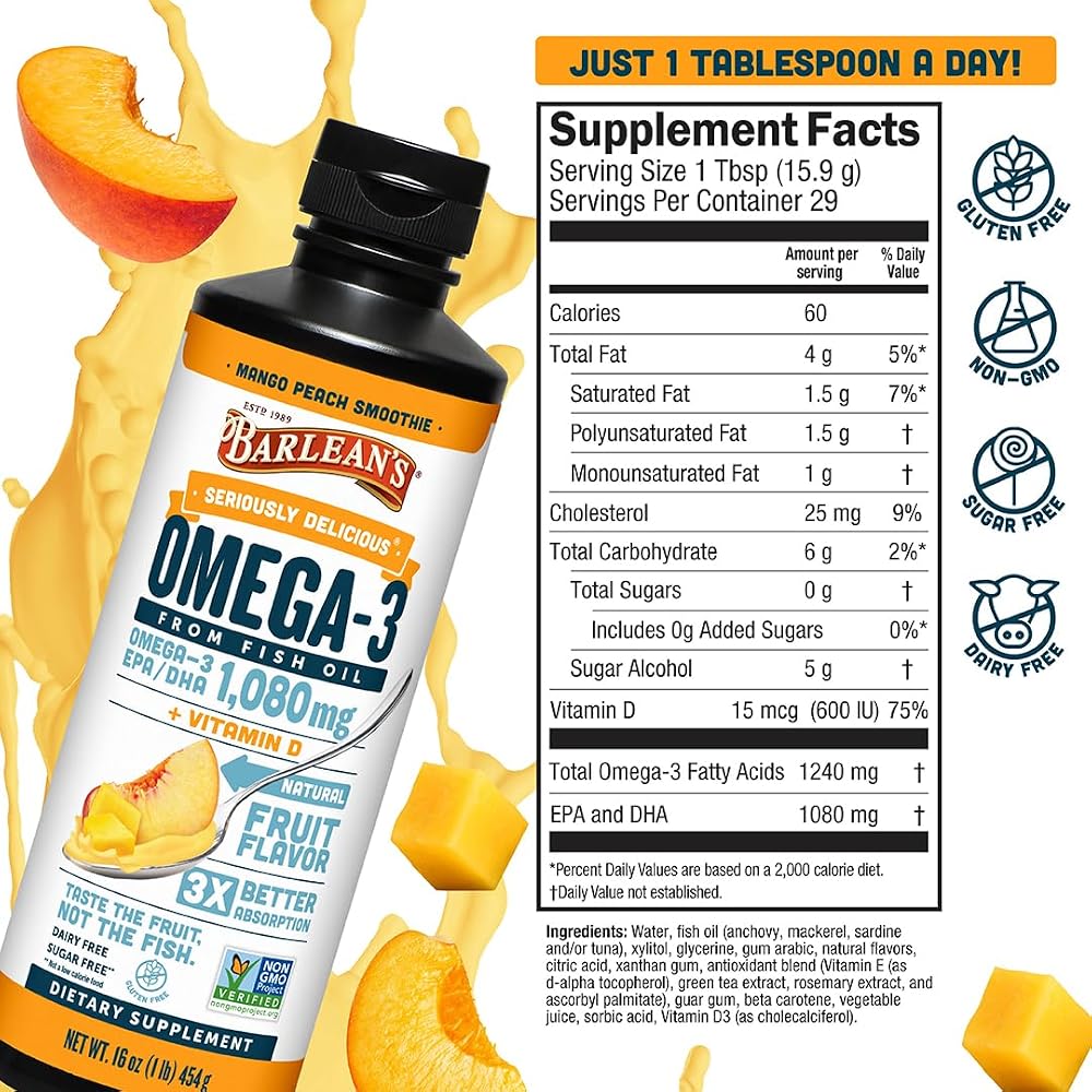 Barlean's Omega 3 Fish Oil Liquid Supplement for Men and Women