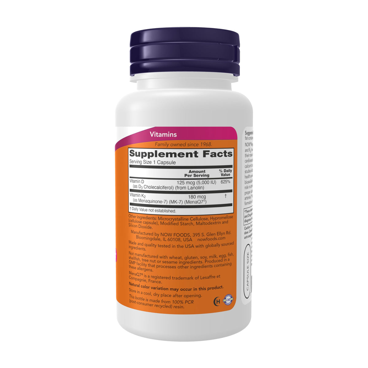 NOW Supplements Mega D-3 & MK-7 5000 IU/180 mcg - 120 Capsules - image 2