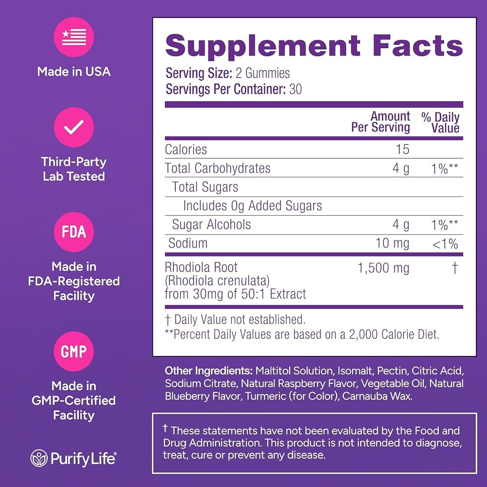 Purify Life Rhodiola Rosea Gummies Sugar-Free - 60 Count - image 5