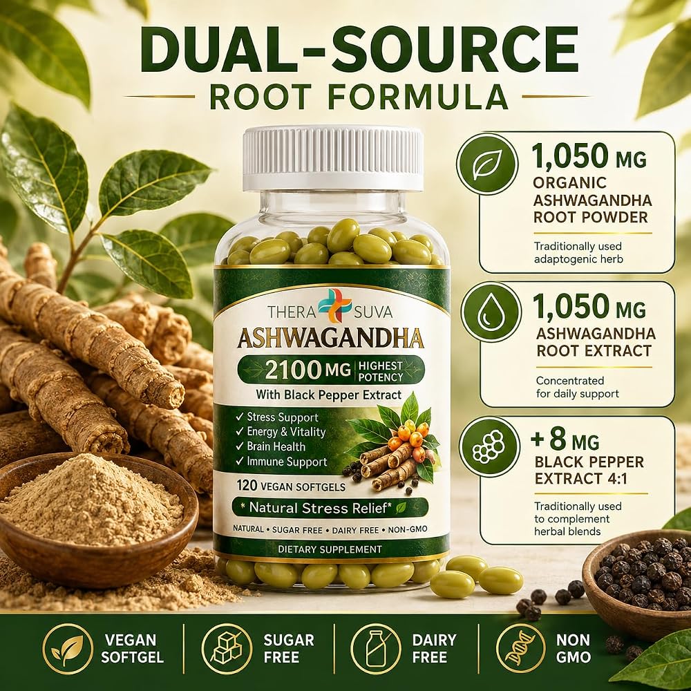TheraSuva Ashwagandha 2100mg Supplement Stress Support - 120 Softgels - image 4