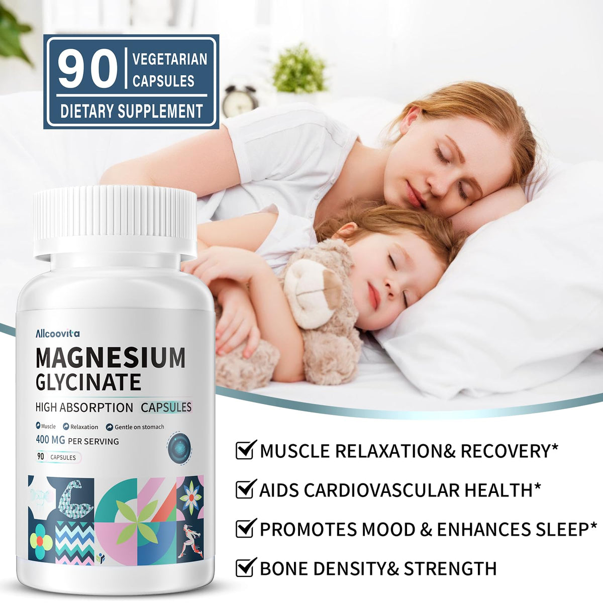 Allcoovita Magnesium Glycinate 400 MG - 90 Vegetarian Capsules - image 3