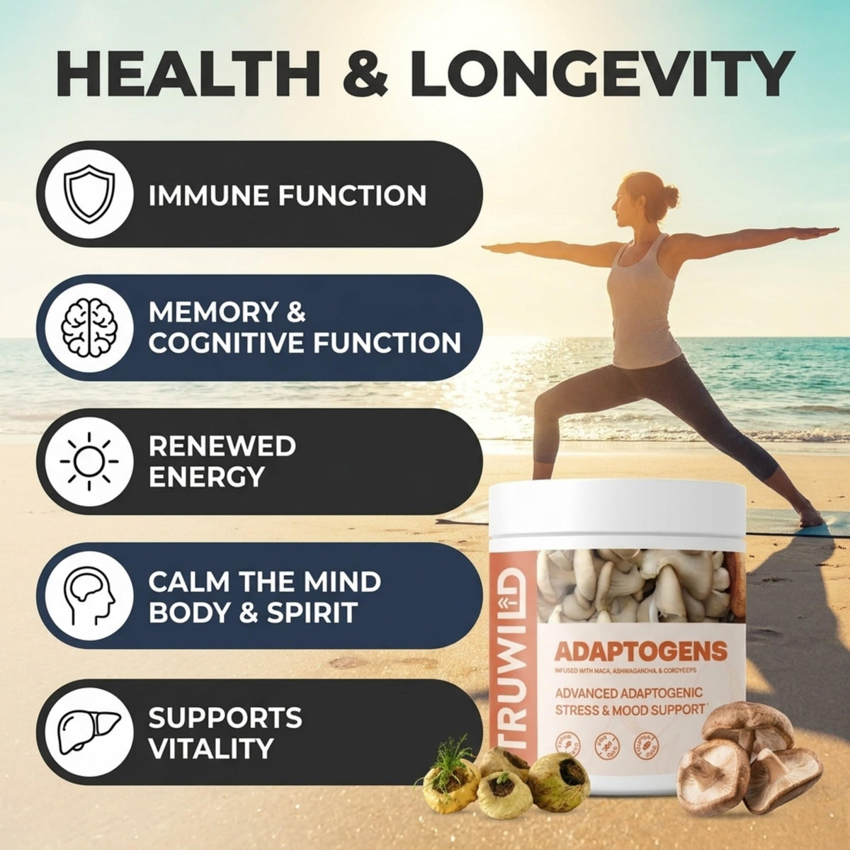 TruWild Adaptogens Vegan Capsule Supplement w/Ashwagandha + Maca