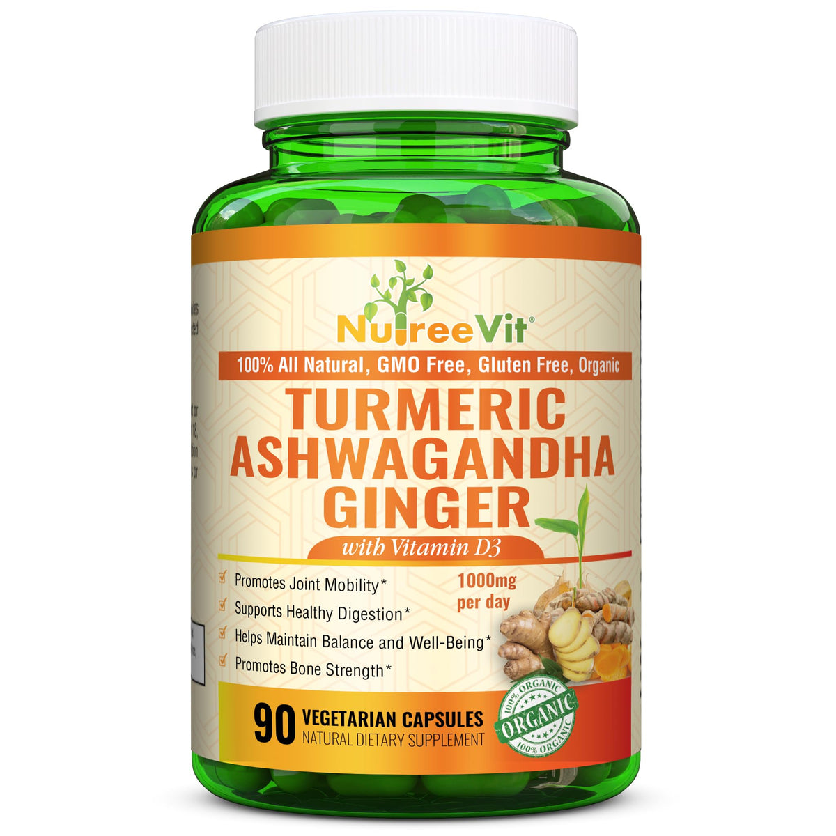 NutreeVit Organic Turmeric with Ashwagandha & Ginger - Capsules