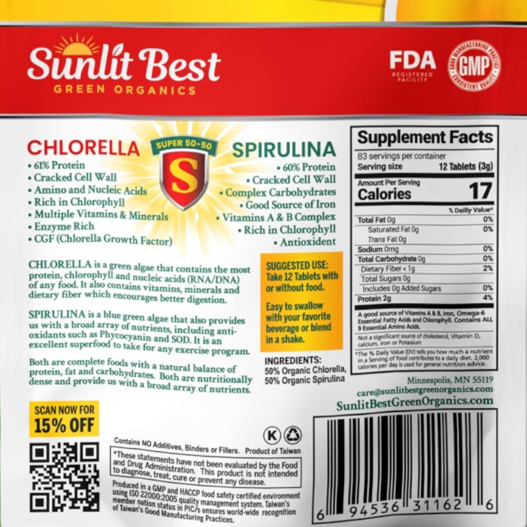 Sunlit Best Organic Chlorella Spirulina Tablets Vegan Protein - 1000 Tablets - image 5