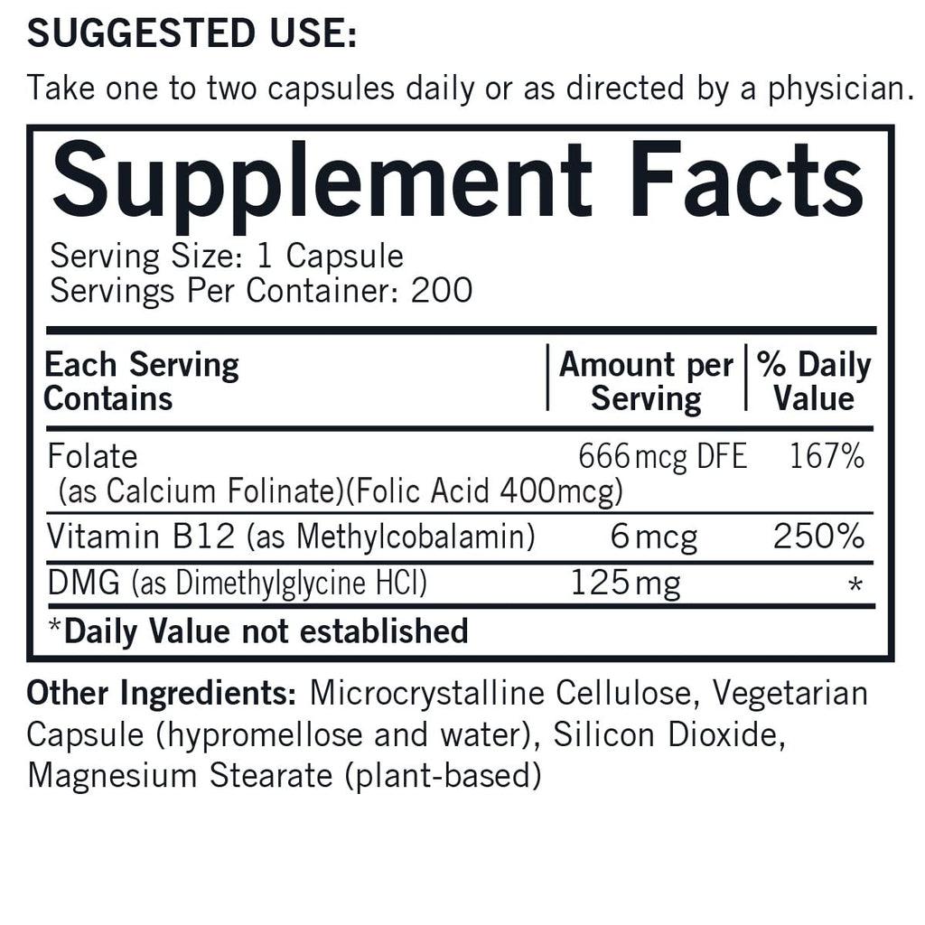 Kirkman DMG with Folate and Methyl B12 125 mg - 200 Capsules - image 2