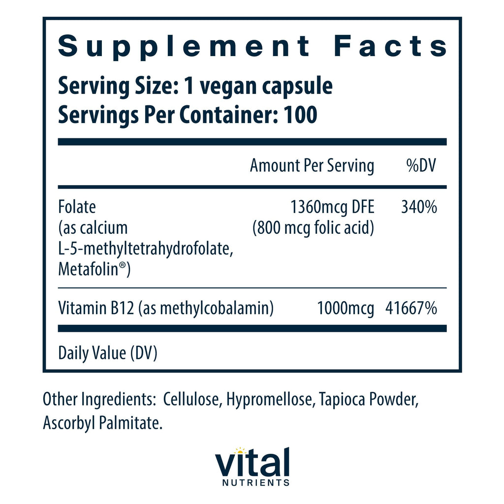 Vital Nutrients Vitamin B12 & Methyl Folate - 100 Capsules - image 2