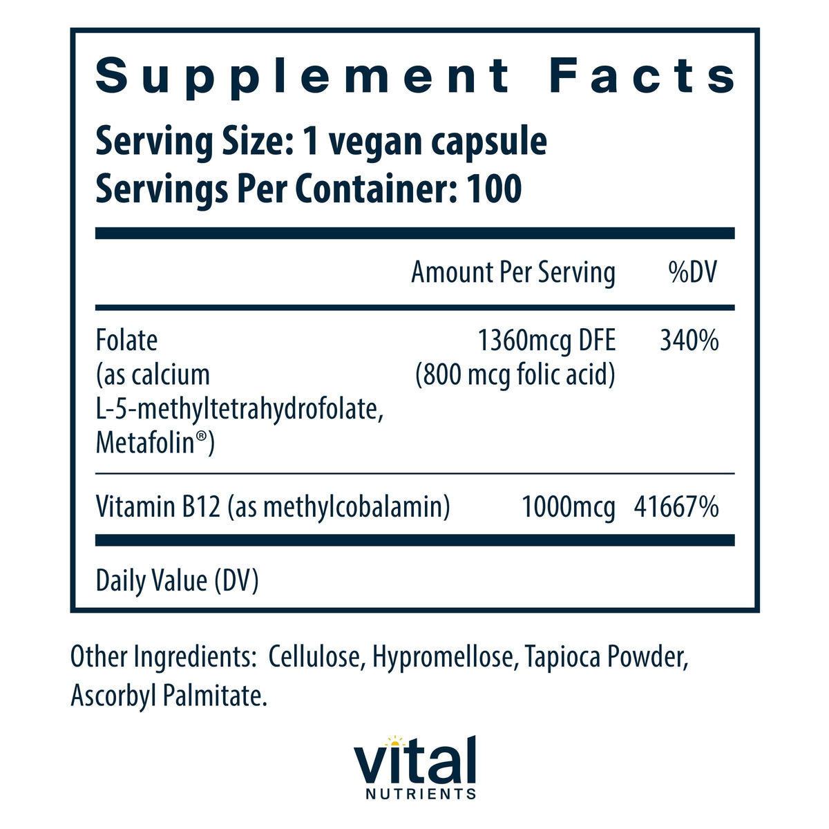 Vital Nutrients Vitamin B12 & Methyl Folate - 100 Capsules - image 2